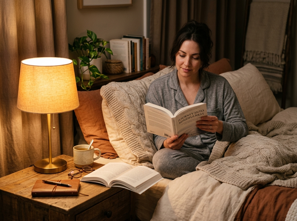 Beruhigende Abendroutine mit Buch und warmem Licht ohne Smartphone